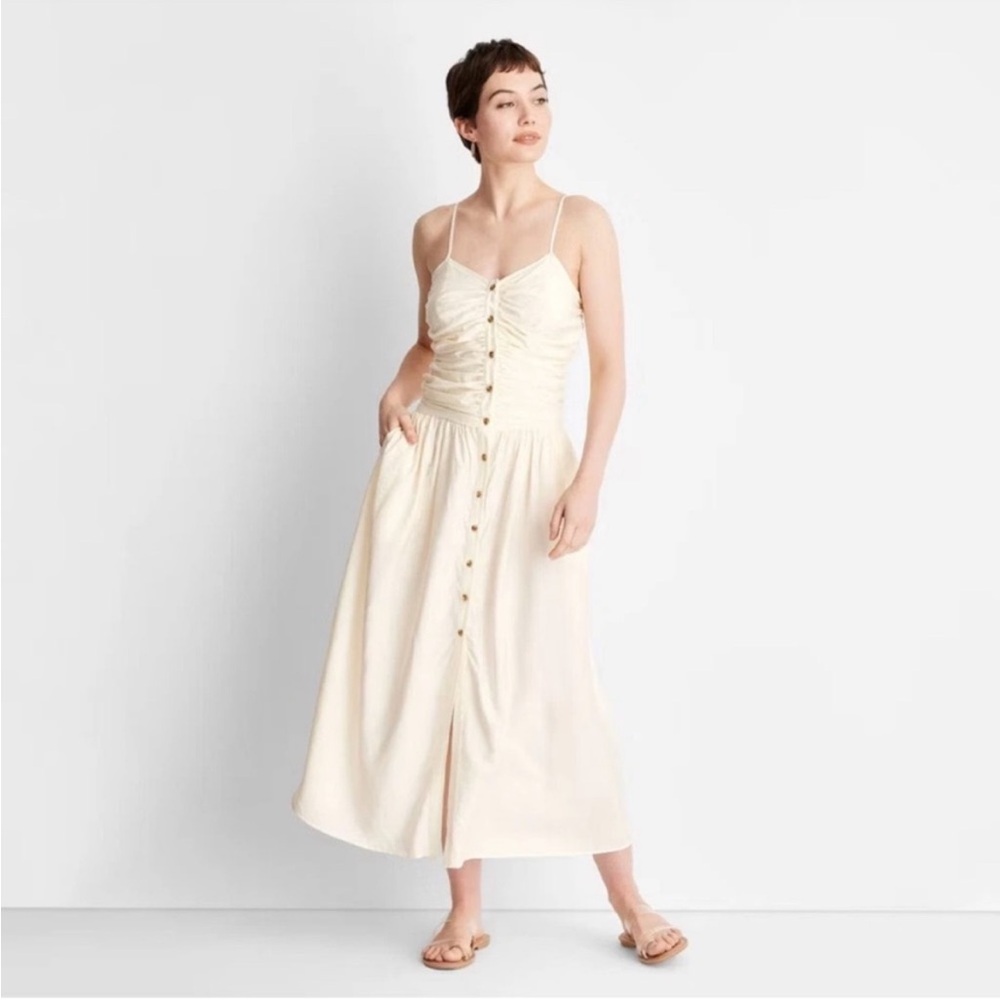 Cream Button-Front Spaghetti Strap Maxi Brunch Dress